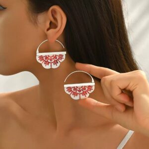 Red & White Fan-Shaped Embroidered Stainless Steel Earrings