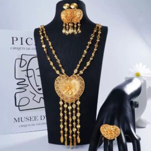 24K Gold Plated Jewelry Set: Evening Necklace, Earrings & Ring