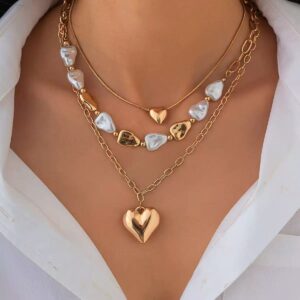 Versatile Layered Necklace with Gold Heart Pendant & Faux Pear