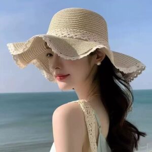 French Style Lace Bow Woven Straw Hat, Summer Beach UV Protection Sun Hat