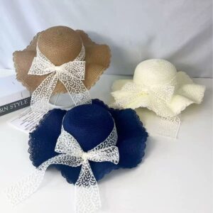 French Style Wavy Brim Straw Hat with Lace Bow, Beach Sun Hat